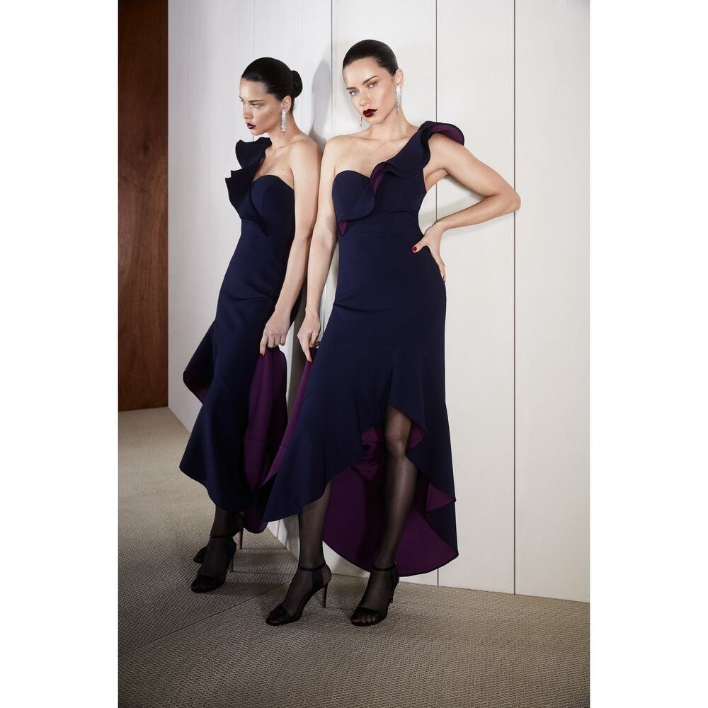 BCBGMAXAZRIA Dress One Shoulder High Low Ruffled Gown Navy 8 Formal Wedding Prom - Picture 2 of 9